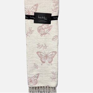Nicole Miller Pink Butterfly Chenille Throw Blanket Oversized Ivory Tassel 50x70